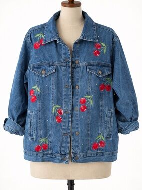 Quacker Factory Vintage Sequin & Embroidered Cherry Denim Jacket - Large - EUC